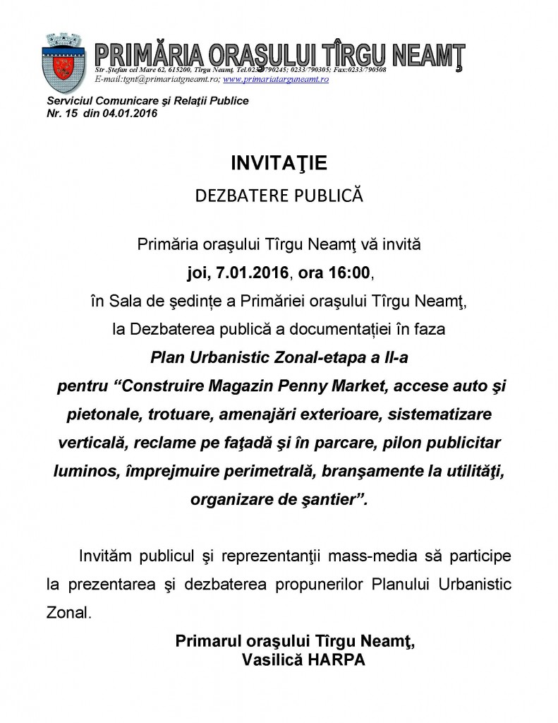Invitatie -  Dezbatere publica PUZ-etapa a II-a - 07.01.2016