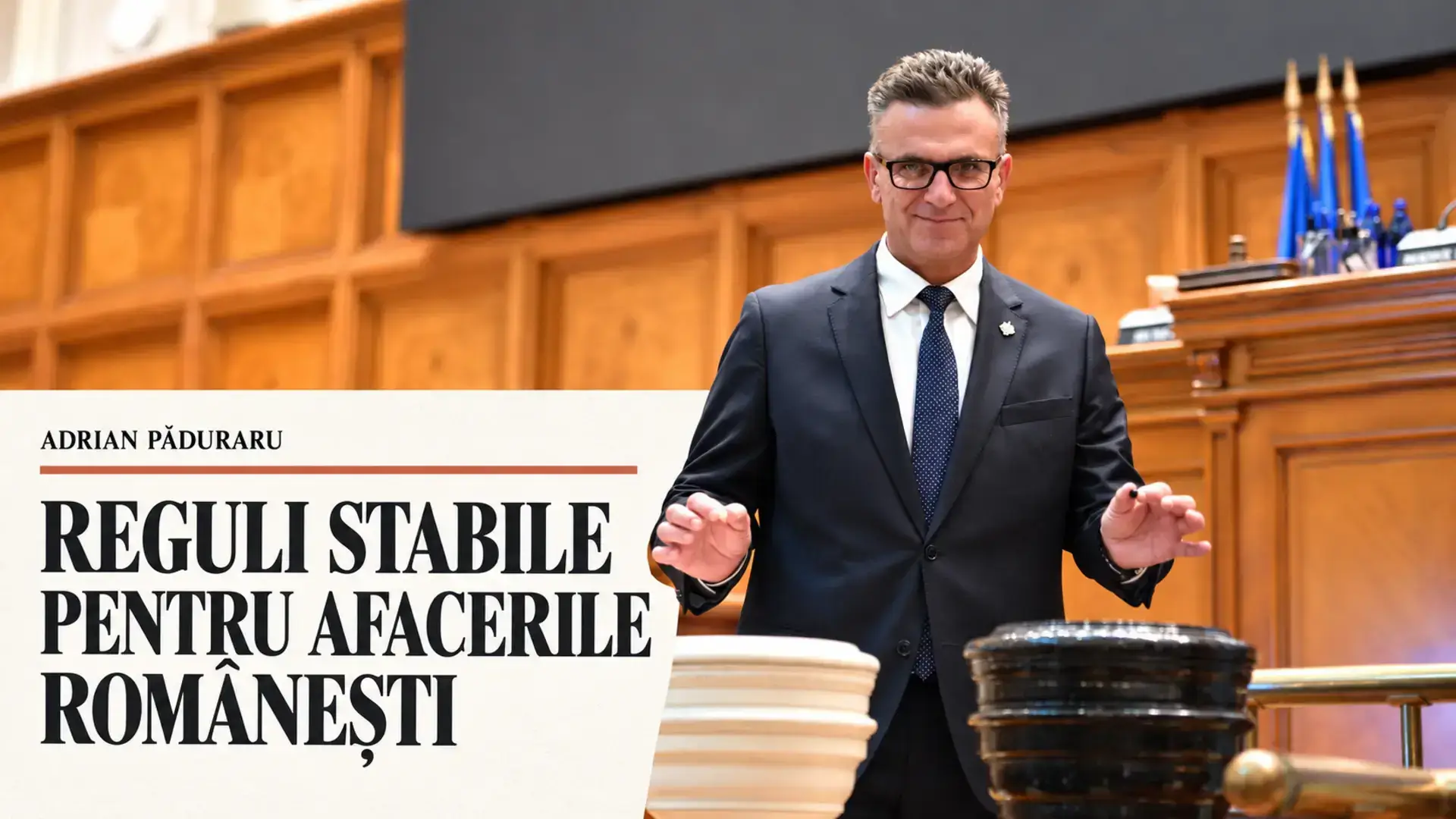 Adrian Păduraru în Parlament, pe coperta despre reguli stabile pentru afacerile românești