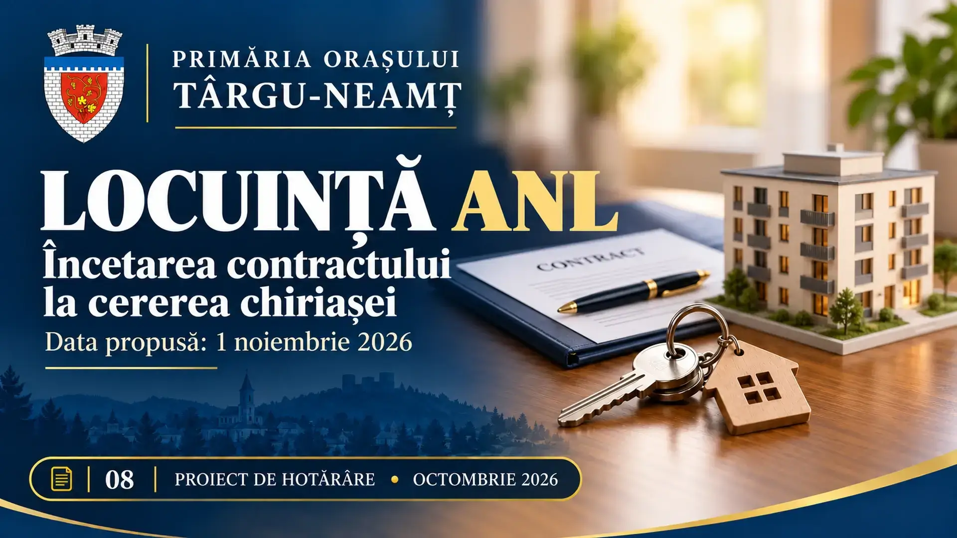 Ilustrație pentru proiectul de hotărâre: Un contract pentru o locuință ANL din Târgu-Neamț ar putea înceta de la 1 noiembrie, la cererea chiriașei