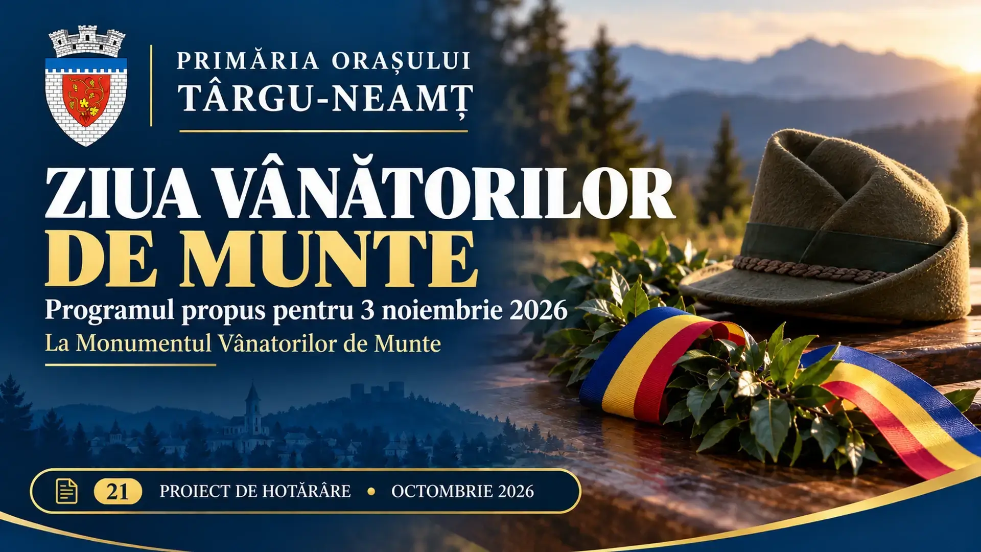 Ilustrație pentru proiectul de hotărâre: Ziua Vânătorilor de Munte la Târgu-Neamț: ceremonial militar și depuneri de coroane, propuse pentru 3 noiembrie