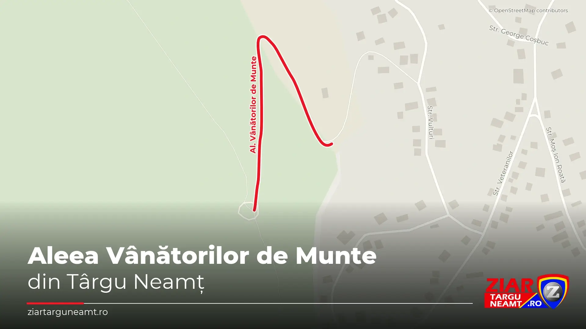 Aleea Vânătorilor de Munte din Târgu Neamț — hartă cu traseul străzii evidențiat în roșu