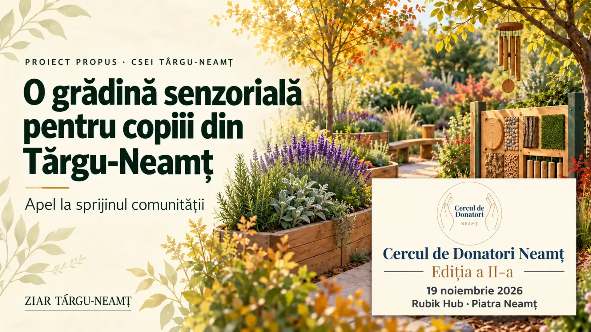 Copertă ilustrativă pentru proiectul Grădina senzorială de la CSEI Târgu-Neamț și Cercul de Donatori Neamț, 19 noiembrie 2026.