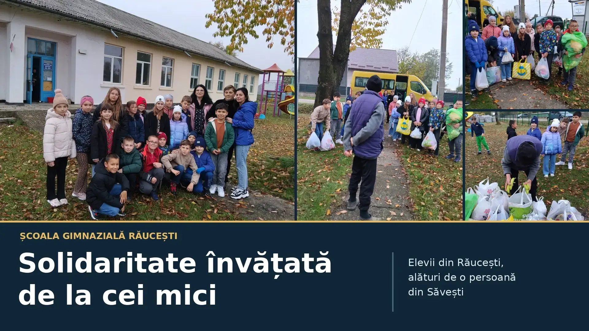 Colaj cu elevii Școlii Gimnaziale Răucești și produsele oferite unei persoane din Săvești