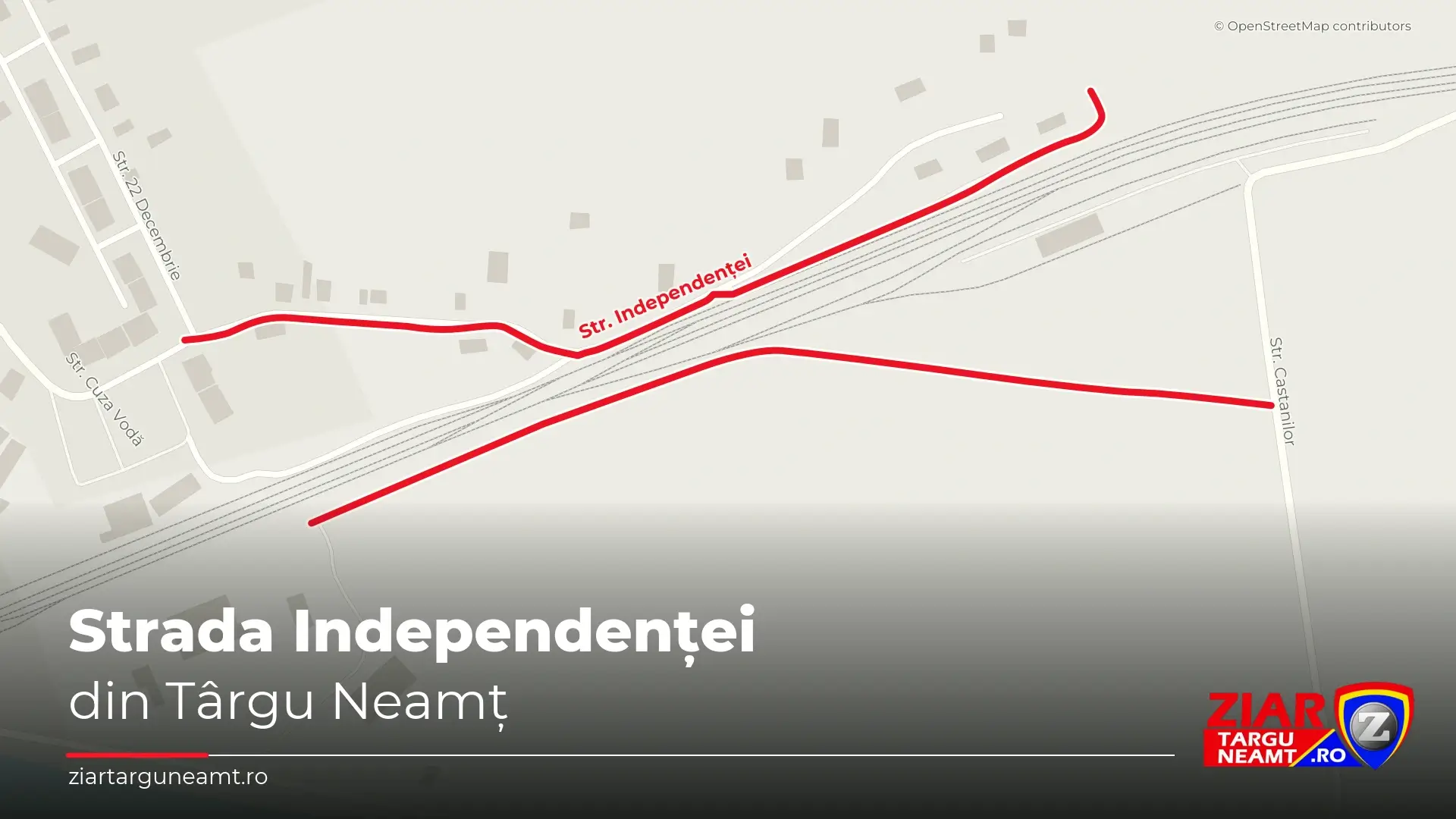 Strada Independenței din Târgu Neamț — hartă cu traseul străzii evidențiat în roșu